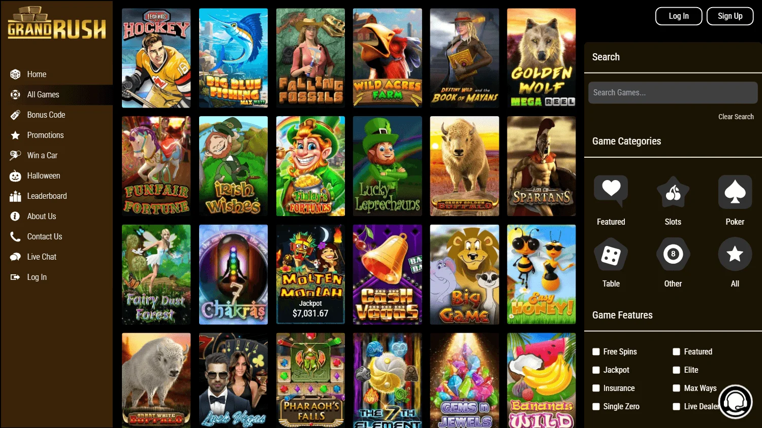 Grand Rush Casino desktop games interface