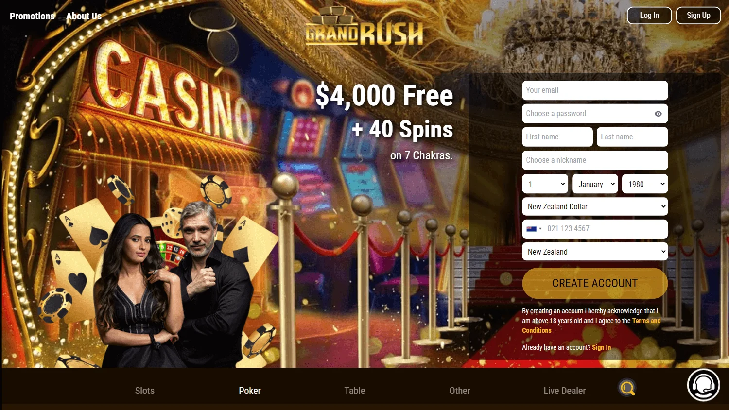 Grand Rush Casino desktop home interface